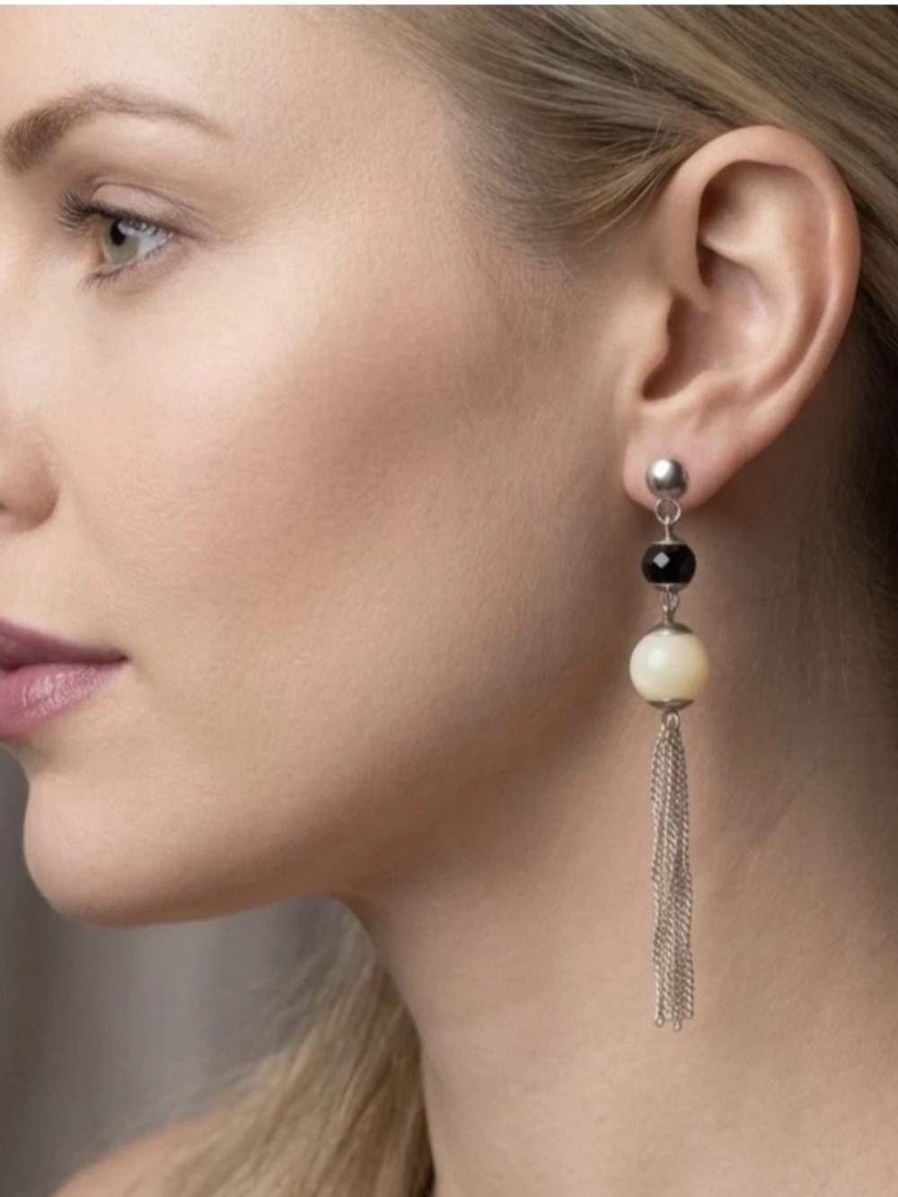 950 Silver Milky Quartz & Onyx Gemstones Dangle Chandelier Drop Earrings